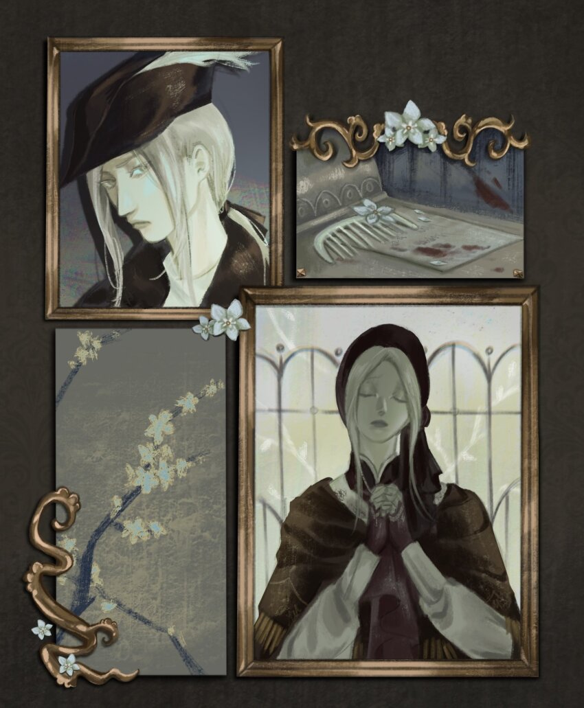 2girls ascot bloodborne bonnet closed_eyes closed_mouth dress hat hat_feather highres lady_maria_of_the_astral_clocktower multiple_girls plain_doll poopfart3939 tricorne white_hair