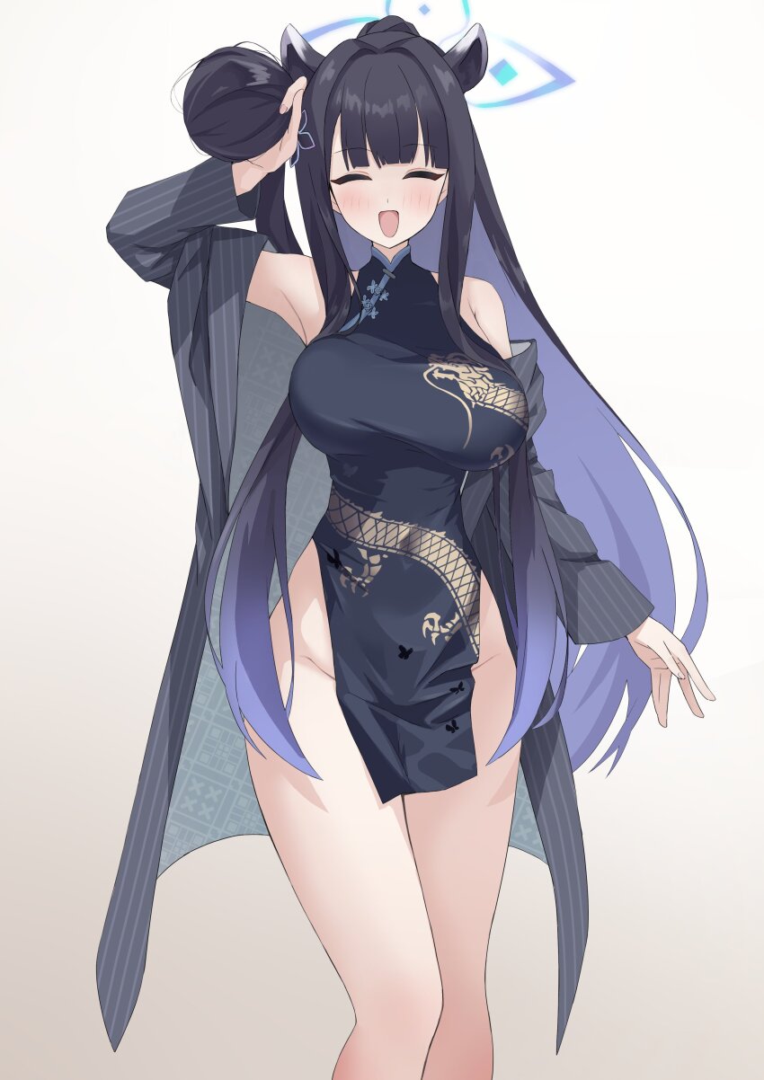 1girl :d ^_^ absurdres alternate_hairstyle animal_ears bare_shoulders black_dress black_hair black_jacket blue_archive blue_halo blunt_bangs blush breasts bunching_hair china_dress chinese_clothes closed_eyes cosplay curvy dragon_print dress extra_ears facing_viewer feet_out_of_frame grey_background groin hair_bun halo hand_up highres impossible_clothes jacket kisaki_(blue_archive) kisaki_(blue_archive)_(cosplay) large_breasts long_hair long_sleeves open_clothes open_jacket open_mouth pelvic_curtain print_dress shiu_kyu shun_(blue_archive) sidelocks simple_background single_side_bun sleeveless sleeveless_dress smile solo standing straight_hair striped_clothes striped_jacket thighs tiger_ears tiger_girl vertical-striped_clothes vertical-striped_jacket very_long_hair