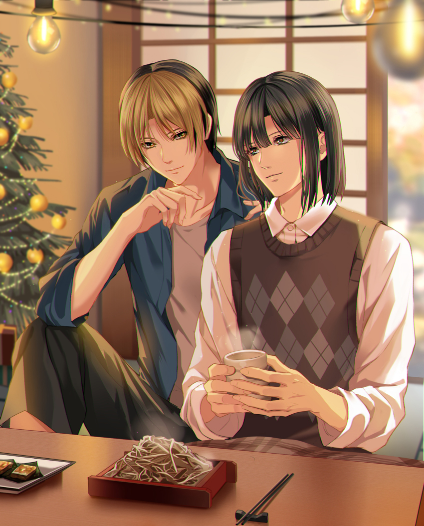 2boys argyle_clothes argyle_sweater_vest black_hair blue_shirt blunt_bangs blurry brown_eyes brown_hair brown_sweater_vest chabudai_(table) chopstick_rest chopsticks christmas_lights christmas_tree chromatic_aberration couple cup depth_of_field dress_shirt eye_contact food hands_up highres hikaru_no_go holding holding_cup indoors knee_up kotatsu light_bulb light_smile looking_at_another luanma_luanma male_focus mug multicolored_hair multiple_boys on_floor open_clothes open_shirt shindou_hikaru shirt shouji sidelocks sitting slice_of_life sliding_doors steam sweater_vest table touya_akira two-tone_hair white_shirt yaoi