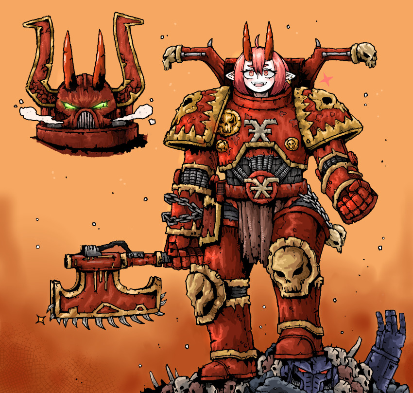 1girl adeptus_astartes armor backpack bag chain chain_axe chaos_(warhammer) chaos_space_marine full_armor helmet highres horns khorne_(cult) loincloth octosoup pauldrons pointy_ears red_hair shoulder_armor skull solo warhammer_40k