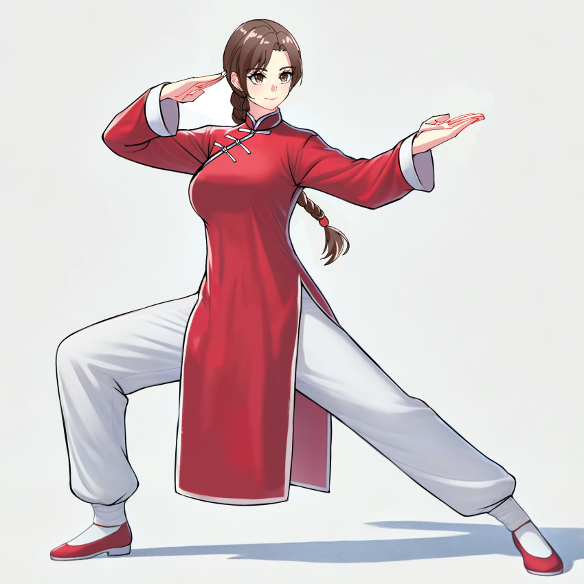1girl absurdres braid brown_eyes brown_hair changpao china_dress chinese_clothes dress fighting fighting_stance highres kokoro_no_koibito kung_fu long_hair long_sleeves martial_arts monk original red_dress self-upload shaolin_monk single_braid tangzhuang training