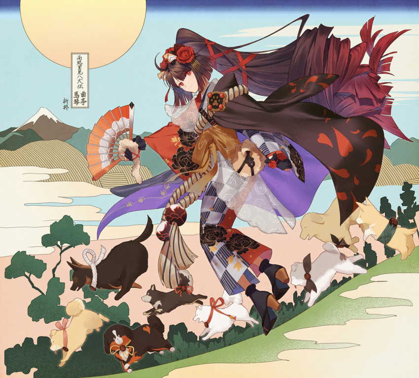 1girl ahoge breasts brown_hair checkered_clothes checkered_kimono dog fate/grand_order fate_(series) floral_print flower folding_fan full_body grey_kimono hair_flower hair_ornament hair_ribbon hand_fan highres hiiragi_(karashriker) japanese_clothes kimono kyokutei_bakin_(fate) kyokutei_bakin_(second_ascension)_(fate) long_hair long_sleeves looking_at_viewer medium_breasts multicolored_kimono ponytail red_eyes red_kimono red_ribbon ribbon rope sash smile very_long_hair wide_sleeves