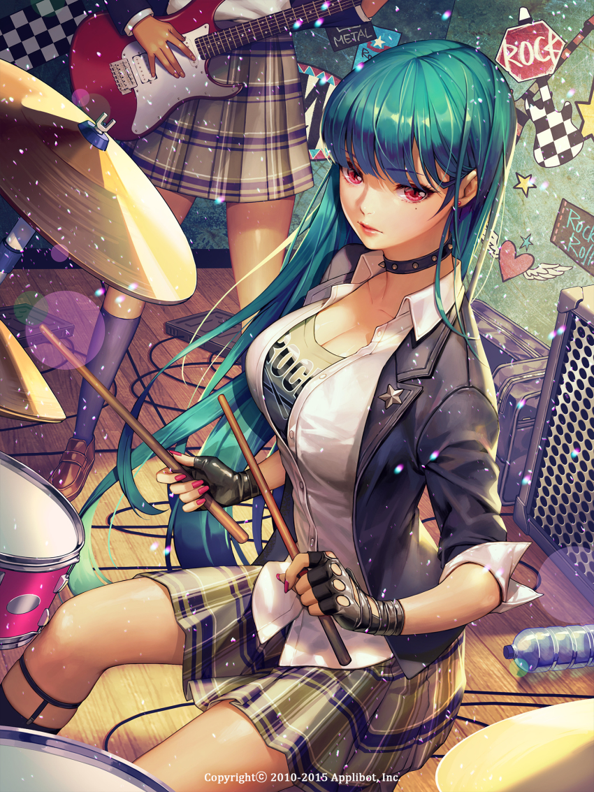 10s 1girl 2010 2015 aqua_hair black_gloves black_socks breasts brown_footwear cleavage closed_mouth clothes_writing collar collarbone collared_shirt company_name dress_shirt drum drum_set electric_guitar english_text fingerless_gloves furyou_michi_~gang_road~ gloves green_hair guitar heart highres holding instrument kneehighs lens_flare loafers long_hair medium_breasts nail_polish osuk2 plaid_clothes plaid_skirt pleated_skirt red_eyes shirt shoes sitting skirt socks solo_focus speaker spiked_collar spikes standing very_long_hair watermark wing_collar wooden_floor