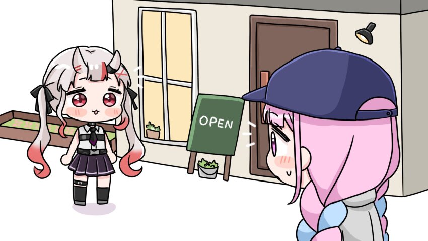 2girls :d bare_arms bare_shoulders baseball_cap black_necktie black_skirt black_socks blue_hair blue_hat blush_stickers braid building chibi collared_shirt commentary_request door dress_shirt gradient_hair grey_hoodie grey_shoes hair_ornament hat highres hololive hood hood_down hoodie horns long_hair low_twintails minato_aqua mochimiko multicolored_hair multiple_girls nakiri_ayame nakiri_ayame_(streetwear) necktie notice_lines oni open_mouth pink_hair pleated_skirt purple_eyes red_eyes red_hair shirt shoes skirt sleeveless sleeveless_shirt small_sweatdrop smile socks standing sweat twin_braids twintails two-tone_hair very_long_hair virtual_youtuber white_shirt window x_hair_ornament