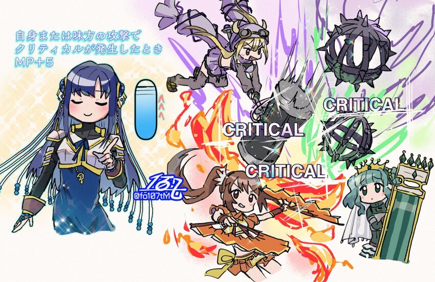 armlet armor attack bare_shoulders belt black_gloves black_shirt black_shoes black_sweater blonde_hair blue_bow blue_bowtie blue_dress blue_gemstone blue_hair blue_outline bow bowtie bracer breastplate brown-framed_eyewear brown_belt brown_bridal_gauntlets brown_eyes brown_gloves brown_hair chest_belt closed_eyes closed_mouth covered_collarbone cow_horns crescent crescent_necklace crop_top cropped_shirt cropped_torso crown detached_hood detached_sleeves determined dress dual_wielding eyelashes fake_horns fang fingerless_gloves fire floating_clothes floating_hair flower folding_fan frilled_scarf frilled_skirt frills fringe_trim full_body futaba_sana gameplay_mechanics gem gloves goggles goggles_on_head green_fire green_hair grey_sleeves grey_thighhighs hair_between_eyes hair_flower hair_ornament hair_scrunchie hair_through_hood hammer hand_fan happy holding holding_fan holding_hammer holding_shield hood hood_up horns huge_weapon jewelry light_blush light_particles light_smile long_hair long_sleeves loose_thighhigh low_twintails magia_record:_mahou_shoujo_madoka_magica_gaiden magical_girl mahou_shoujo_madoka_magica mahou_shoujo_madoka_magica_magia_exedra midriff miniskirt mitsuki_felicia nanami_yachiyo necklace open_mouth orange_flower orange_shirt orange_skirt outline pauldrons platform_shoes pleated_skirt pointing pointing_up purple_eyes purple_fire purple_hood purple_ribbon purple_scarf purple_shirt purple_skirt red_gemstone ribbon round_eyewear scarf scrunchie shield shirt shoes shoulder_armor side_ponytail signature skirt skirt_set sleeveless sleeveless_dress sleeveless_shirt smile sparkle spiked_ball string sweater thighhighs totte translation_request turtleneck turtleneck_shirt turtleneck_sweater twintails twitter_username two-tone_shirt veil very_long_hair vest waist_bow wavy_hair weapon white_background white_skirt white_veil white_vest yellow_bow yellow_crown yellow_scrunchie yui_tsuruno