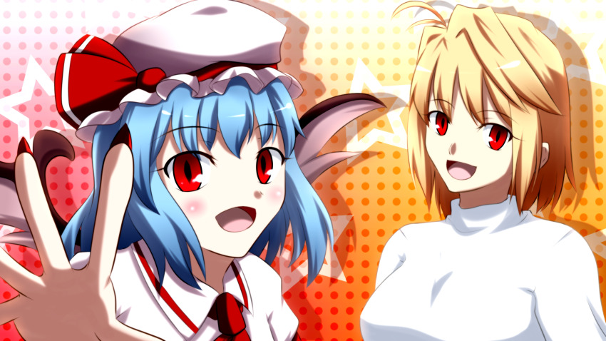 2girls ahoge antenna_hair arcueid_brunestud ascot bat_wings blonde_hair blue_hair bow breasts crossover hat hat_ribbon highres large_breasts long_sleeves looking_at_viewer medium_breasts mob_cap multiple_girls namelessblue open_mouth puffy_sleeves purple_hair red_eyes remilia_scarlet ribbon short_hair short_sleeves smile sweater takeuchi_takashi_(style) touhou trait_connection tsukihime white_sweater wings