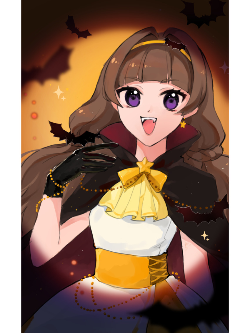 +_+ 1girl alternate_costume amanogawa_kirara ascot bat_(animal) bat_hair_ornament bead_bracelet beads black_cape black_gloves blunt_bangs border bow bowtie bracelet brooch brown_hair cape chinese_commentary collared_cape commentary_request cowboy_shot dress earrings eyelashes fangs gloves go!_princess_precure hair_intakes hair_ornament hairband halloween_costume hand_up happy high_collar highres jewelry layered_dress light_particles long_dress long_hair low_twintails open_mouth orange_background pillarboxed precure purple_eyes red_cape single_earring smile solo sparkle standing star_brooch teeth tsurime twintails two-sided_cape two-sided_fabric upper_teeth_only vampire very_long_hair vignetting white_border white_dress xiyou_(xhs_8933014455) yellow_ascot yellow_bow yellow_bowtie yellow_corset yellow_hairband