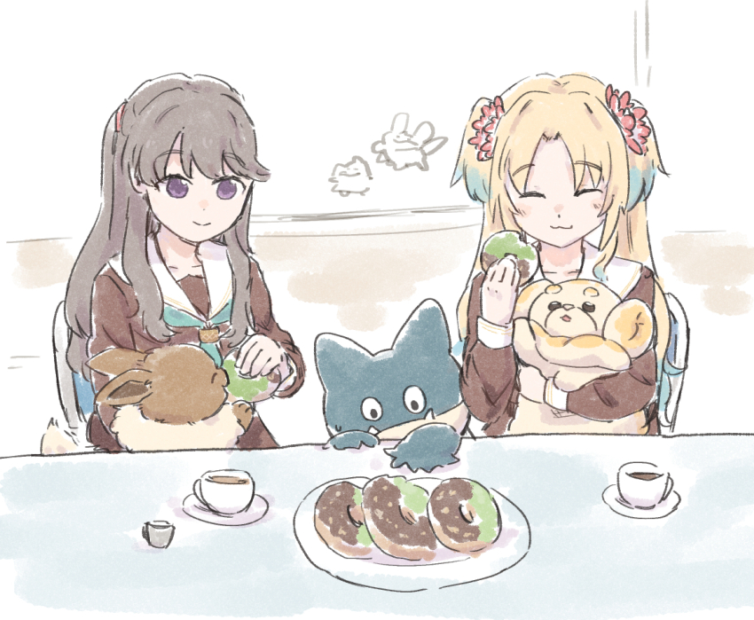 2girls :3 ^_^ animal ao_kaeru aqua_neckerchief blonde_hair blue_hair brown_dress brown_hair chair child&#039;s_drawing closed_eyes closed_mouth coffee collarbone commentary_request creamer_(vessel) crossover cup dog donut dress eating eevee feeding fidough flower folding_chair food food_bite fujishima_megumi gen_1_pokemon gen_4_pokemon gradient_hair hair_flower hair_ornament hanamiya_nina_(style) hasu_no_sora_school_uniform holding holding_animal holding_dog holding_donut holding_food link!_like!_love_live! long_hair long_sleeves love_live! matcha_(food) mira-cra_park! multicolored_hair multiple_girls munchlax neckerchief nintendo on_chair osawa_rurino parted_bangs pink_flower plate pokemon pokemon_(creature) purple_eyes sailor_collar sailor_dress saucer school_uniform sitting smile teacup twintails two_side_up virtual_youtuber white_sailor_collar winter_uniform