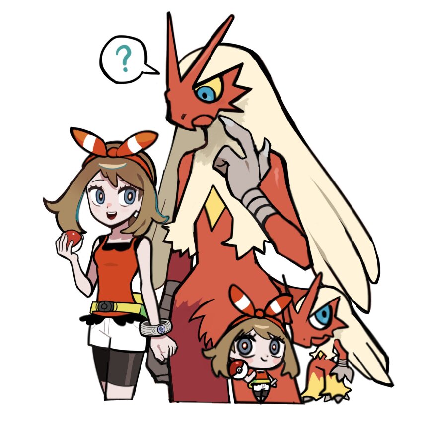 1girl :d ? bike_shorts blaziken bow_hairband bracelet bright_pupils brown_hair chirosamu eyelashes gen_3_pokemon grey_eyes hairband hashtag-only_commentary highres holding holding_poke_ball jewelry may_(pokemon) medium_hair multiple_views nintendo open_mouth poke_ball poke_ball_(basic) pokemon pokemon_(creature) pokemon_oras red_hairband red_shirt shirt shorts sleeveless sleeveless_shirt smile spoken_question_mark teeth upper_teeth_only white_background white_pupils white_shorts