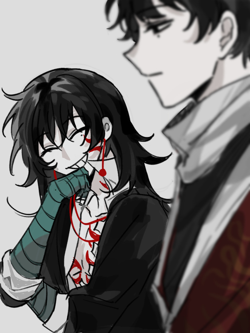 2boys bandaged_arm bandages black_eyes black_hair black_jacket black_shirt blurry blurry_foreground cen_boyao chest_tattoo chinese_commentary closed_eyes closed_mouth colored_skin commentary_request earrings facial_tattoo grey_background grin highres jacket jewelry long_hair male_focus mole mole_under_eye multiple_boys neck_tattoo open_clothes open_jacket open_shirt qijilan red_jacket scarf shirt short_hair simple_background sleeves_rolled_up smile tattoo touqi_guaitan white_scarf white_shirt white_skin zhao_yuwen