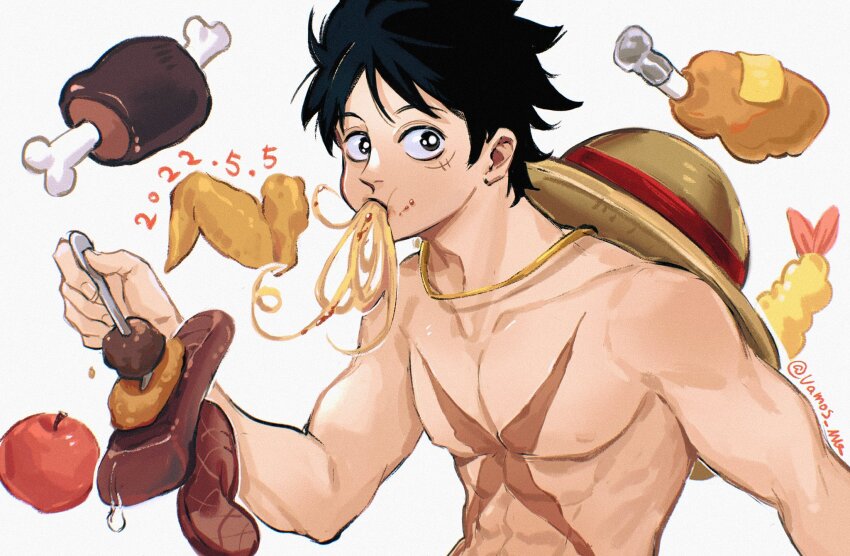 1boy abs apple black_eyes black_hair boned_meat chicken_(food) chicken_leg chicken_wing collarbone cross_scar dated eating facial_scar food fork fruit hat hat_on_back highres holding holding_food holding_fork male_focus meat meatball monkey_d._luffy noodles nude one_piece pectorals sauce sausage scar scar_on_cheek scar_on_chest scar_on_face short_hair shrimp signature simple_background solo steak straw_hat toned toned_male upper_body vamos_mk white_background