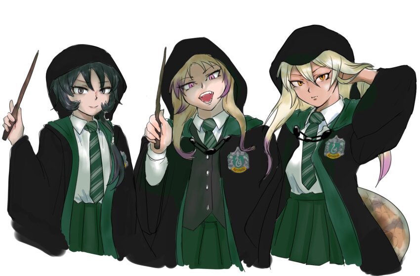 3girls african_rock_python_(kemono_friends) black_cloak black_hair black_mamba_(kemono_friends) blonde_hair cloak collared_shirt cowboy_shot diagonal-striped_clothes diagonal-striped_necktie fangs green_cloak green_eyes green_necktie green_skirt grey_vest hair_between_eyes harry_potter_(series) highres hogwarts_school_uniform hood hood_up kemono_friends king_cobra_(kemono_friends) long_hair long_sleeves matching_outfits multiple_girls necktie orange_eyes pleated_skirt purple_eyes purple_hair saja_(166j357) school_uniform shirt short_hair short_hair_with_long_locks sidelocks skirt slit_pupils slytherin snake_girl snake_tail striped_clothes tail two-tone_cloak vest wand white_shirt wizarding_world
