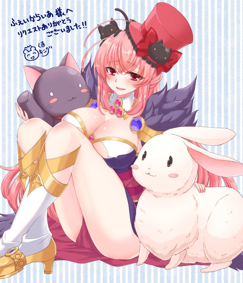 1girl absurdres alternate_color black_cat blue_background blush blush_stickers bow breasts cat cleavage collar commentary_request commission crossed_bangs detached_collar dress elemental_master_(ragnarok_online) frilled_hat frills full_body fur-trimmed_dress fur_trim hair_between_eyes hat hat_bow high_heels highres kuma_king large_breasts long_hair looking_at_viewer open_mouth pelvic_curtain petting pink_brooch pink_hair pink_hat rabbit ragnarok_online red_bow red_dress red_eyes shoes sitting skeb_commission smile socks solo striped_background translation_request very_long_hair white_collar white_socks yellow_shoes