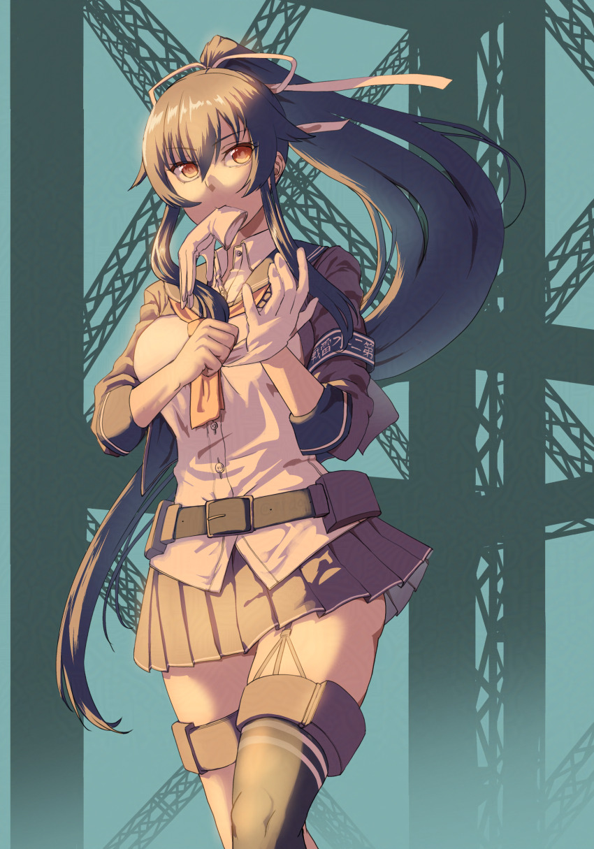 1girl absurdres belt black_belt black_hair black_sailor_collar black_skirt black_thighhighs breasts brown_eyes garter_straps gloves hair_between_eyes highres kantai_collection large_breasts long_hair looking_to_the_side mrdotd neckerchief neckerchief_between_breasts orange_neckerchief pleated_skirt ponytail sailor_collar school_uniform serafuku single_garter_strap single_thighhigh skirt solo thighhighs white_gloves yahagi_(kancolle) yahagi_kai_ni_(kancolle)