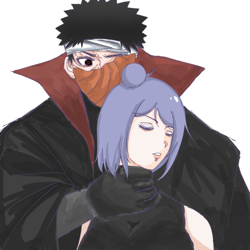 1boy 1girl aiqi09268547 black_hair broken_mask eyeshadow face_piercing gloves hand_on_another&#039;s_neck highres konan_(naruto) labret_piercing makeup mask masked_madara naruto_(series) naruto_shippuuden neck_grab purple_hair sharingan short_hair tobi_(naruto) uchiha_obito