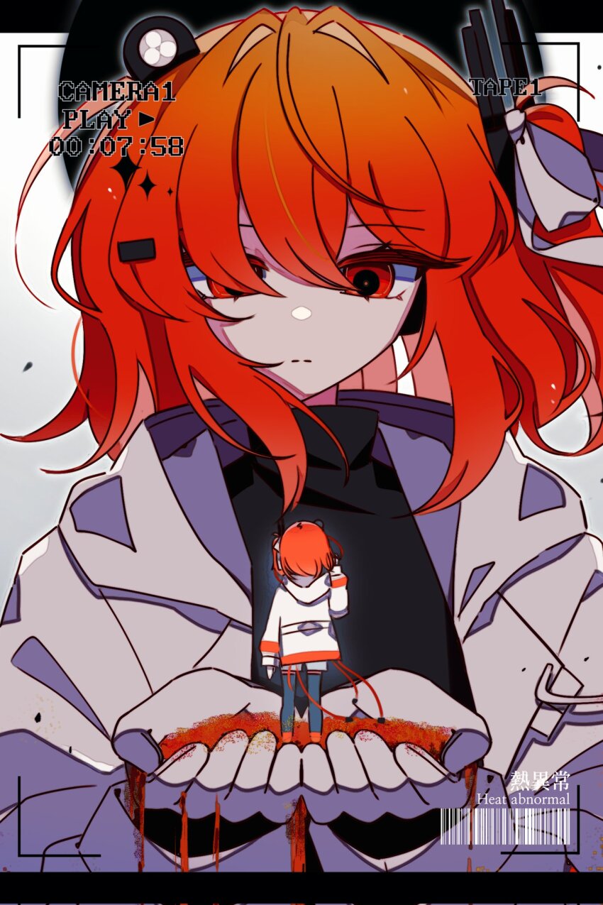 2girls a.i._voice adachi_rei black_shirt gloves highres hood hood_down hooded_jacket jacket long_sleeves looking_at_another mei_(meiday_mise) mini_person minigirl multiple_girls netsu_ijou_(utau) open_clothes open_jacket orange_eyes orange_hair shirt standing upper_body utau white_gloves white_jacket