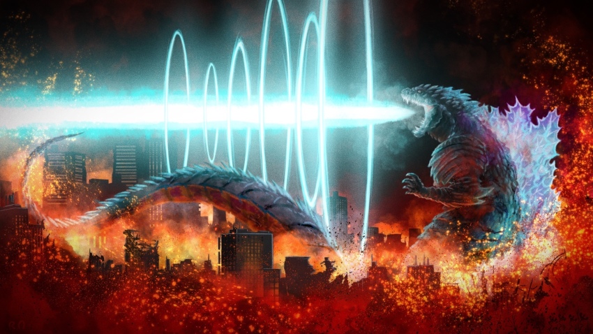 1other atomic_breath beam bones_(company) breath_weapon breathing_fire burning burning_building city cityscape destruction dinosaur embers energy energy_beam energy_ring fangs fire giant glowing glowing_spikes godzilla godzilla_(series) godzilla_singular_point godzilla_ultima highres kaiju mouth_beam orange_(company) plasma ryosiro scales tail toho