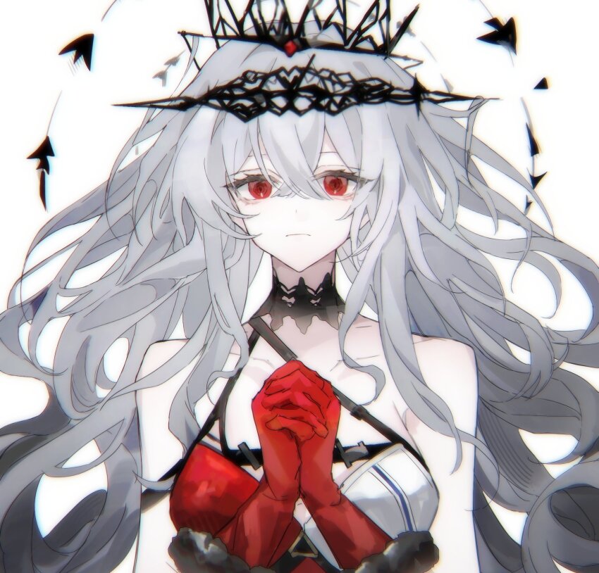 1girl arknights bare_shoulders chromatic_aberration closed_mouth collarbone crossed_bangs floating_hair gloves grey_hair hair_between_eyes highres interlocked_fingers long_hair looking_at_viewer official_alternate_costume own_hands_clasped own_hands_together red_eyes red_gloves skadi_(arknights) skadi_the_corrupting_heart_(arknights) skadi_the_corrupting_heart_(red_countess)_(arknights) solo tunaguri_(dalang-eopo) upper_body white_background