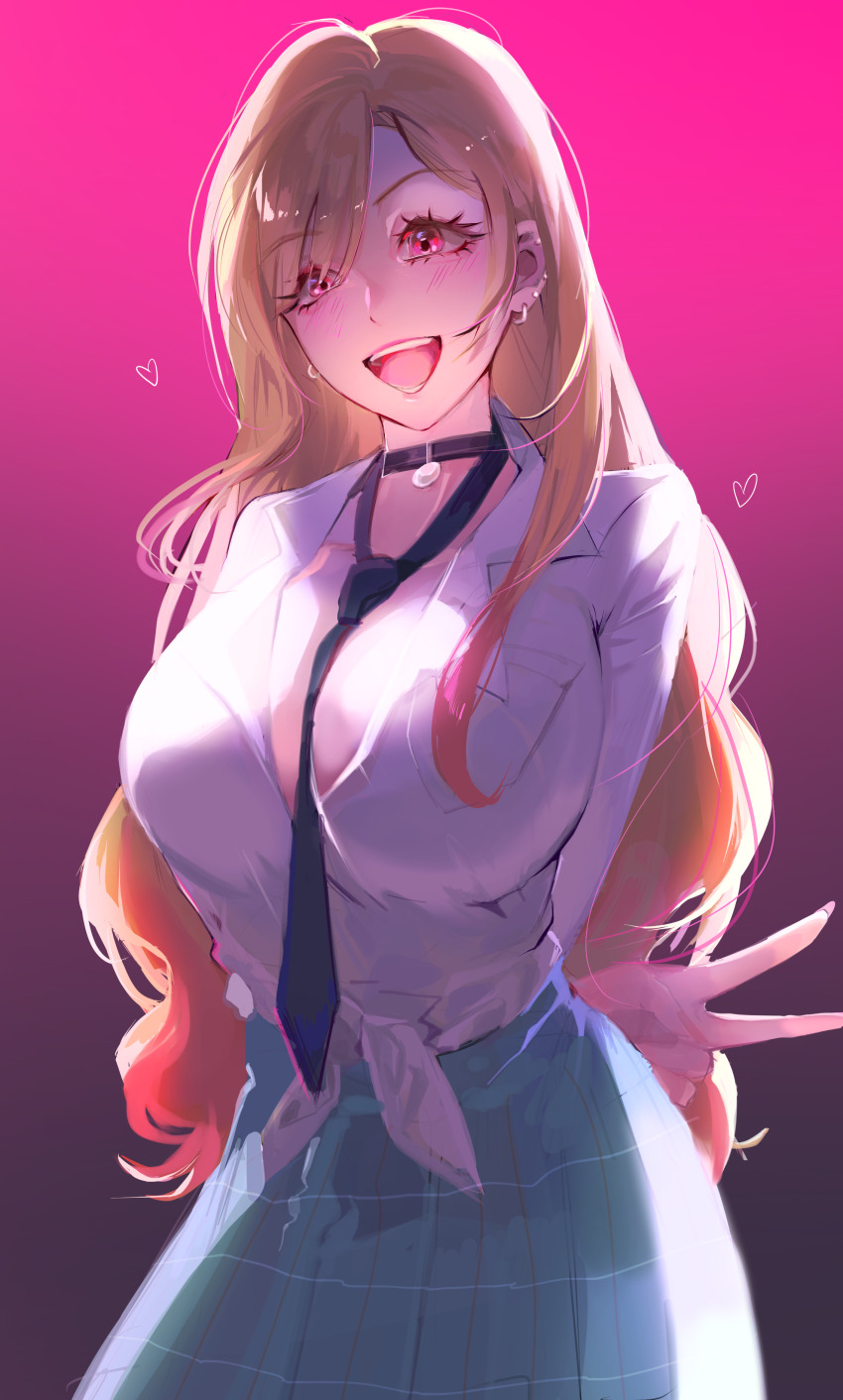 1girl absurdres alternate_breast_size arms_behind_back between_breasts black_choker black_necktie blonde_hair blue_shirt blush breasts choker cleavage collarbone collared_shirt colored_tips commentary_request cowboy_shot ear_piercing earrings gradient_background gyugyu_(swzv4743) heart highres hoop_earrings jewelry kitagawa_marin korean_commentary large_breasts long_sleeves looking_at_viewer loose_necktie multicolored_hair necktie necktie_between_breasts open_mouth piercing pink_background pink_eyes school_uniform shirt solo sono_bisque_doll_wa_koi_wo_suru summer_uniform tied_shirt v white_shirt