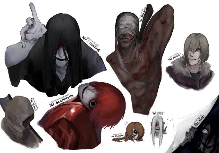 6+boys axe bandaged_head bandages black_hair black_kimono black_nails blonde_hair blood blood_on_face bloody_bandages brown_cloak cloak coat commentary_request grin highres holding holding_axe homicipher japanese_clothes kimono korean_commentary looking_at_viewer looking_back male_focus misshistorybook mr._chopped mr._crawling mr._gap mr._hood mr._human mr._machete mr._scarletella mr._silvair multiple_boys red_coat red_hair severed_head sharp_teeth short_hair smile teeth white_background