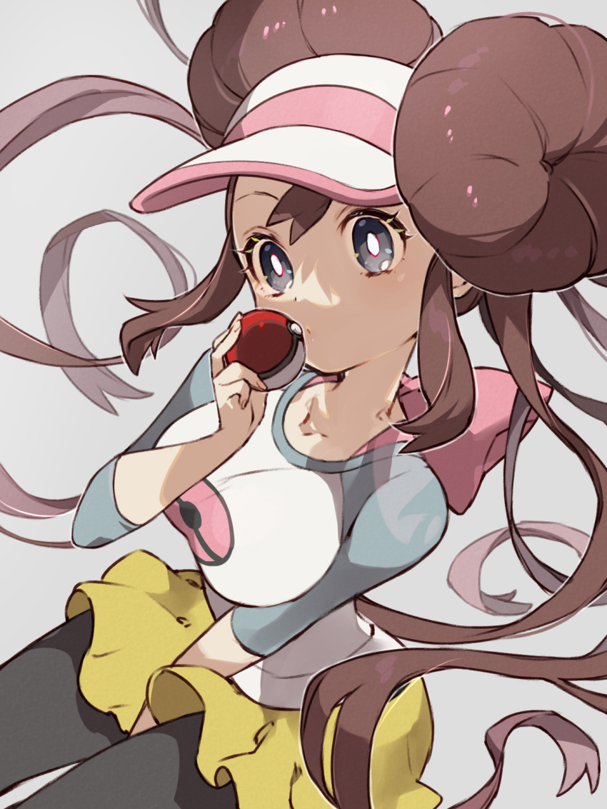 1girl black_pantyhose bow breasts bright_pupils brown_hair commentary_request double_bun grey_eyes hair_bun hand_up highres holding holding_poke_ball long_hair nintendo pantyhose pantyhose_under_shorts pink_bow poke_ball poke_ball_(basic) pokemon pokemon_bw2 raglan_sleeves rosa_(pokemon) sasairebun short_shorts shorts solo twintails visor_cap white_pupils yellow_shorts
