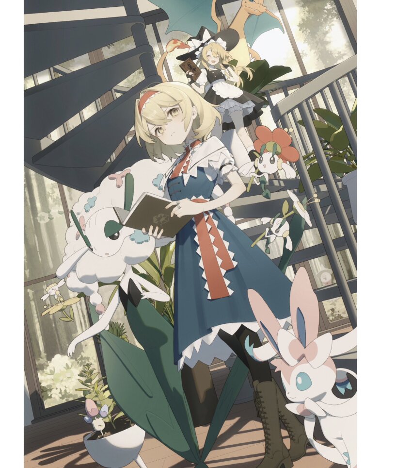 2girls :d ^_^ alice_margatroid apron ascot black_footwear black_gloves black_hat black_pantyhose black_skirt black_vest blonde_hair bloomers blue_dress book boots bow brown_footwear capelet charizard closed_eyes closed_mouth crossover dress fingerless_gloves flabebe flabebe_(yellow_flower) floette floette_(orange_flower) floette_(white_flower) florges florges_(white_flower) frilled_ascot frilled_hairband frills full_body gen_1_pokemon gen_6_pokemon gen_7_pokemon gen_8_pokemon gloves hair_between_eyes hairband hashtag-only_commentary hat hat_bow hatterene highres holding holding_book indoors jewelry kirisame_marisa ladder long_hair morelull multiple_girls nintendo open_book open_mouth pantyhose pillarboxed plant pokemon pokemon_(creature) potted_plant puffy_short_sleeves puffy_sleeves rcs_4 red_hairband ring shirt short_hair short_sleeves skirt skirt_set smile stairs standing sylveon touhou underwear vest waist_apron white_apron white_bloomers white_bow white_capelet white_shirt window wings witch_hat yellow_eyes