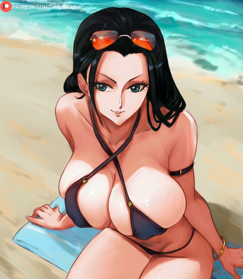 1girl aqua_eyes arm_support armlet bikini black_hair bracelet breasts cleavage criss-cross_halter from_above hair_slicked_back halterneck highres huge_breasts jewelry lady_shin long_hair nico_robin one_piece outdoors sand shinjinou1 shiny_skin shore sitting solo sunglasses swimsuit thong_bikini very_long_hair water wide_hips