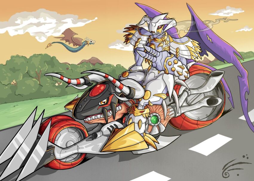 airdramon digimon digimon_(creature) dragon dynasmon highres horns looking_at_viewer machmon mini_digimon:_the_story_of_the_royal_knights motor_vehicle motorcycle sharp_teeth spikes tail teeth wings