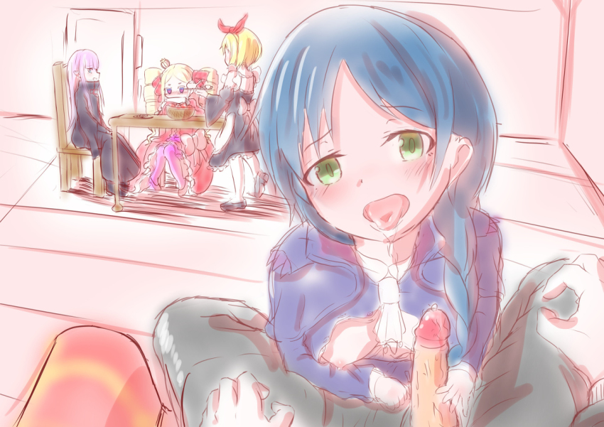1boy 4girls ascot beatrice_(re:zero) black_cloak blue_dress blue_hair braid braided_ponytail breasts chair cloak coach couch dress drooling erection fellatio frills green_eyes lewes_meyer loli meili_portroute multiple_girls natsuki_subaru open_clothes oral penis petra_leyte poporon re:zero_kara_hajimeru_isekai_seikatsu red_dress roswaal_mansion_maid_uniform ryuzu_meyer saliva small_breasts small_nipples table tagme tongue tongue_out uncensored wooden_floor