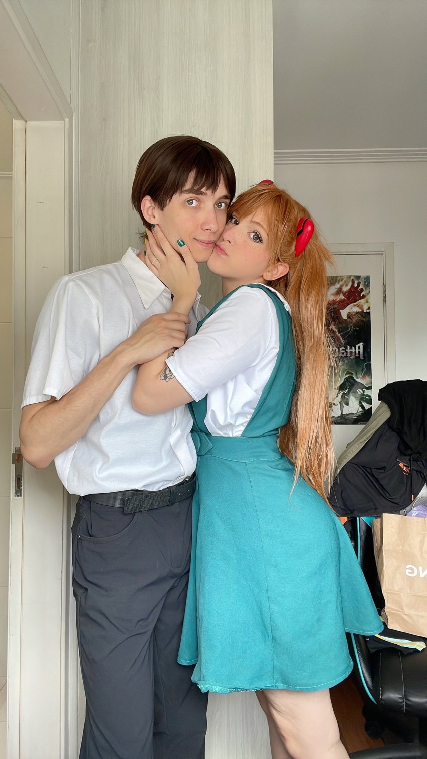 1boy 1girl blue_eyes brazilian_(nationality) brown_hair cosplay hairpods hetero highres ikari_shinji ikari_shinji_(cosplay) interface_headset_(evangelion) kiss lips looking_at_viewer memepantazis neon_genesis_evangelion photo_(medium) photo_(object) smile souryuu_asuka_langley souryuu_asuka_langley_(cosplay) standing twintails two_side_up