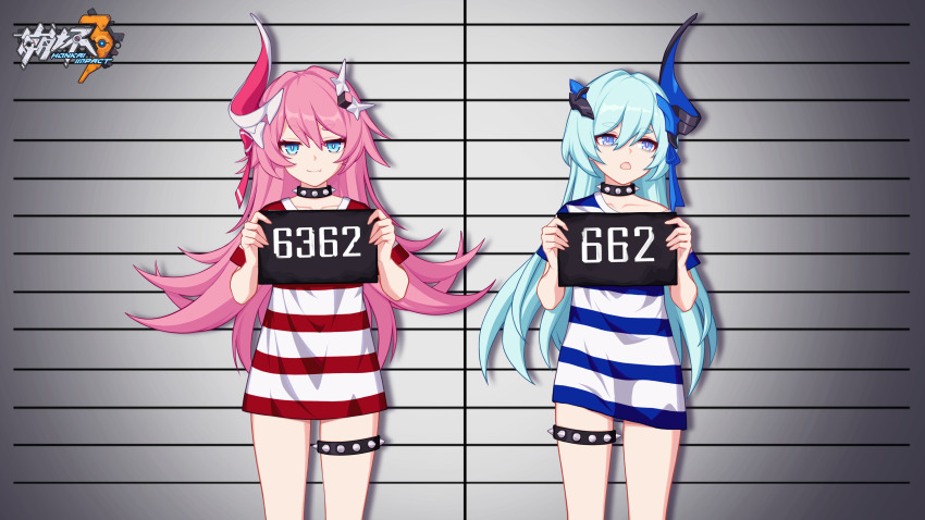 2girls absurdres asymmetrical_horns blue_eyes blue_hair chinese_commentary choker closed_mouth dress hair_ornament height_chart highres holding holding_sign honkai_(series) honkai_impact_3rd horns liliya_olenyeva long_hair looking_at_viewer looking_to_the_side mugshot multiple_girls official_art official_wallpaper pink_hair prison_clothes prisoner rozaliya_olenyeva shirt siblings sign single_horn sisters smile striped_clothes striped_dress striped_shirt twins