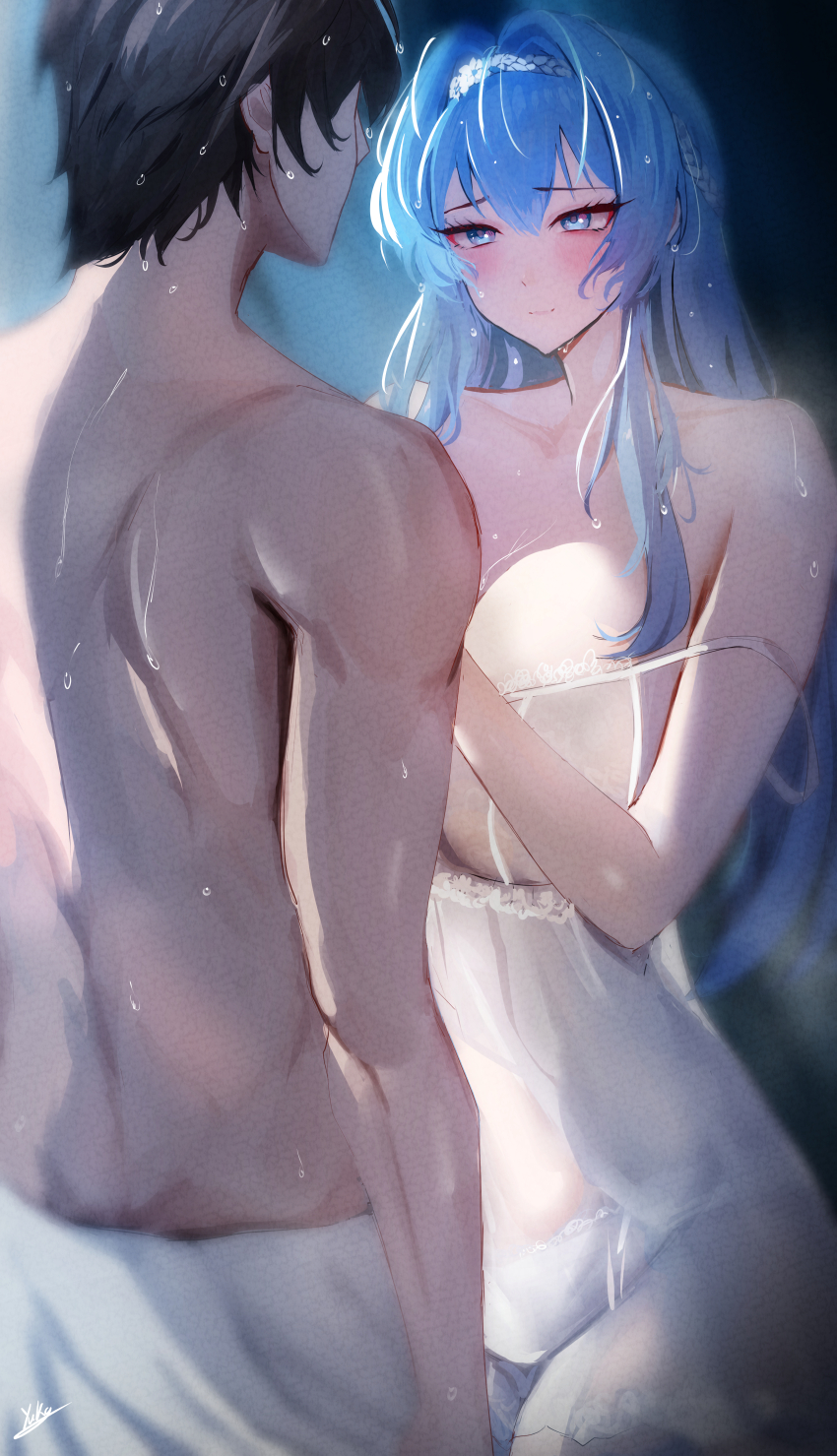 1boy 1girl absurdres after_bathing blue_eyes blue_hair breasts commander_(nikke) from_behind goddess_of_victory:_nikke hairband helm_(nikke) helm_(post-shower_moment)_(nikke) highres large_breasts nightgown official_alternate_costume see-through_nightgown wet white_hairband white_nightgown yuka_1503