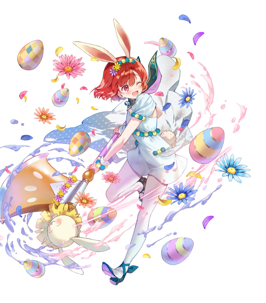 1girl ;d animal_ears artist_request axe blue_dress blue_shoes blush dress fake_animal_ears fire_emblem fire_emblem:_mystery_of_the_emblem fire_emblem_heroes full_body hair_between_eyes highres holding holding_axe holding_weapon maria_(fire_emblem) maria_(spring)_(fire_emblem) nintendo non-web_source one_eye_closed open_mouth pantyhose puffy_short_sleeves puffy_sleeves rabbit_ears red_eyes red_hair shoes short_hair short_sleeves smile solo transparent_background weapon white_pantyhose