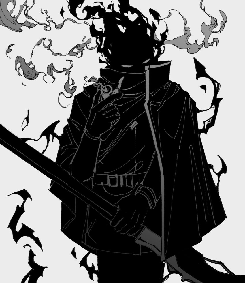 1boy cowboy_shot der_freischuetz_(project_moon) fire flaming_head gloves greyscale gun hand_up highres holding holding_weapon lobotomy_corporation maskv monochrome project_moon rifle simple_background smoke smoking_pipe solo weapon