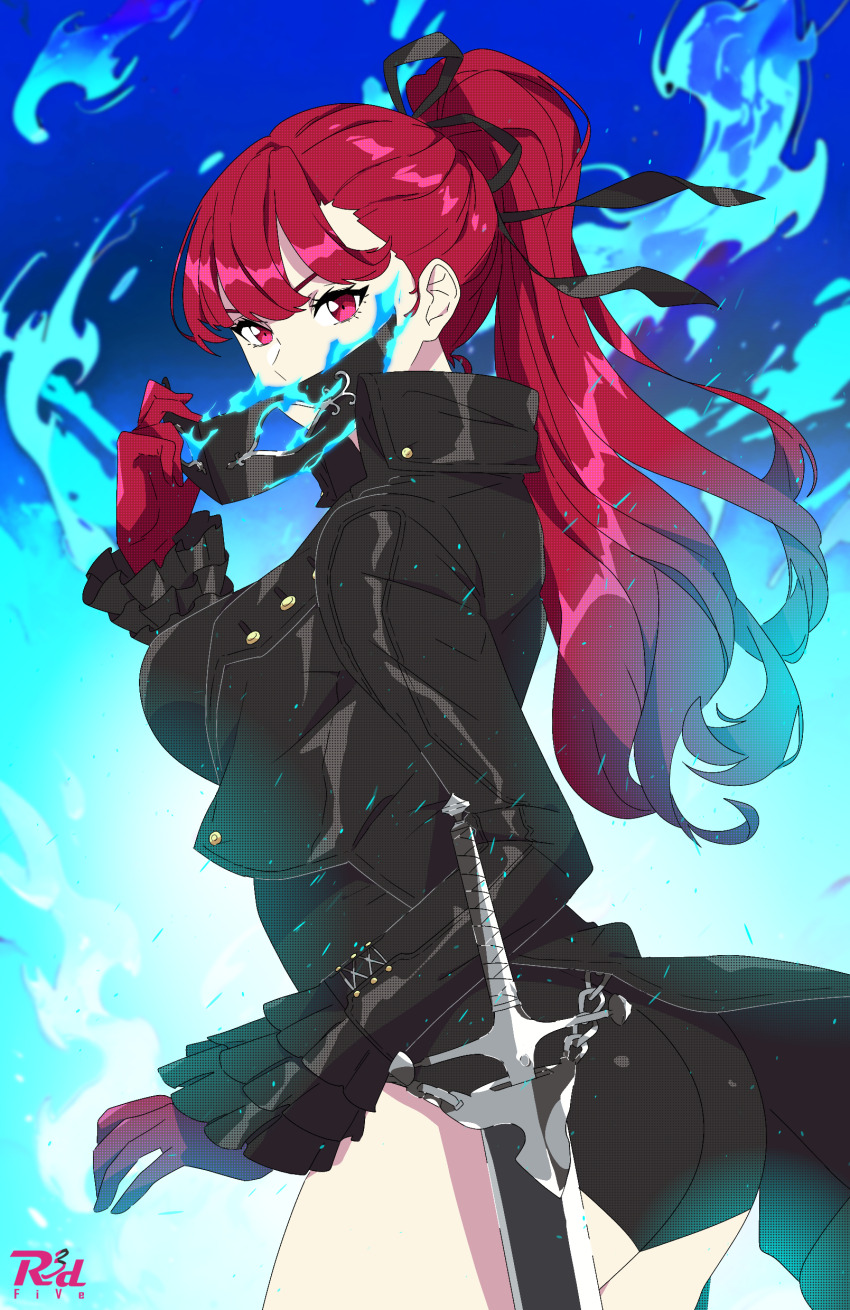 1girl absurdres artist_logo ass breasts coat from_behind gloves hair_ribbon highres large_breasts leotard logo long_hair looking_at_viewer persona persona_5 ponytail r3dfive rapier red_eyes red_hair ribbon sideboob solo sword very_long_hair violet_(persona_5) weapon yoshizawa_kasumi