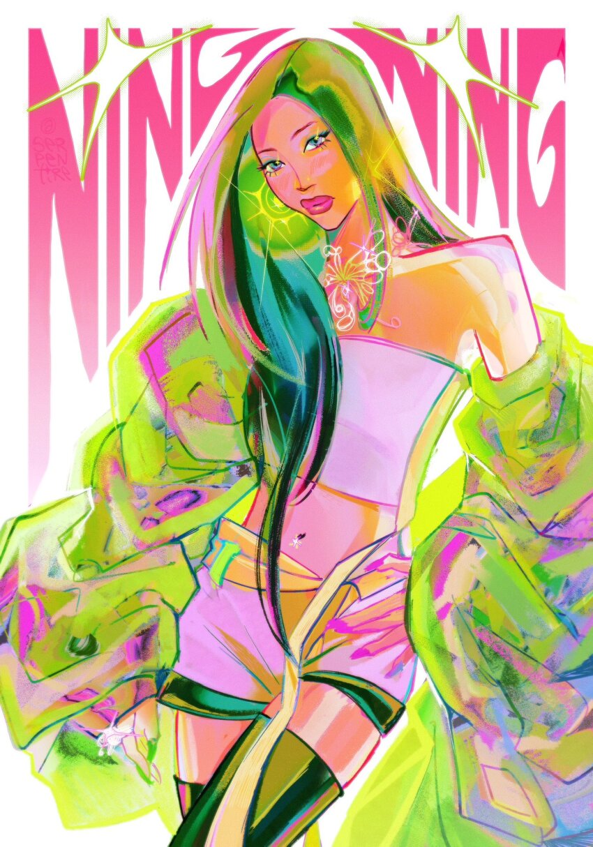 1girl aespa artist_name_(singer) bandeau closed_mouth commentary cowboy_shot green_hair green_nails hashtag-only_commentary highres jewelry k-pop long_hair navel ningning_(aespa) pink_lips real_life ring serpentire solo sparkle symbol-only_commentary thighhighs