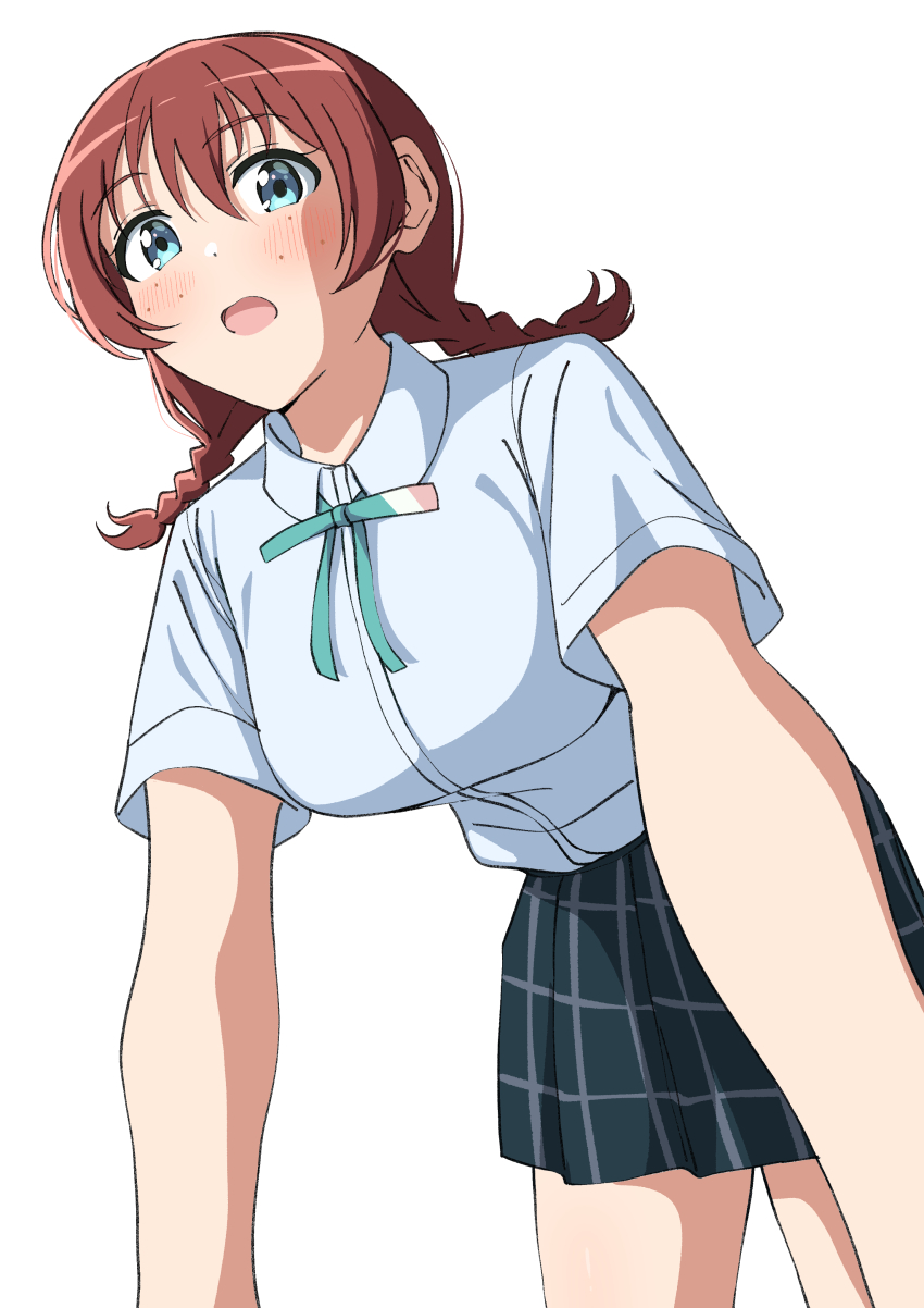 1girl absurdres blue_eyes blue_shirt blue_skirt blush braid breasts brown_hair collared_shirt commentary cowboy_shot dress_shirt emma_verde freckles green_ribbon hair_between_eyes highres large_breasts long_hair looking_at_viewer love_live! love_live!_nijigasaki_high_school_idol_club low_twin_braids miniskirt neck_ribbon open_mouth plaid_clothes plaid_skirt pleated_skirt ribbon shirt short_sleeves simple_background skirt solo summer_uniform twin_braids uchuu_no_mozuku white_background