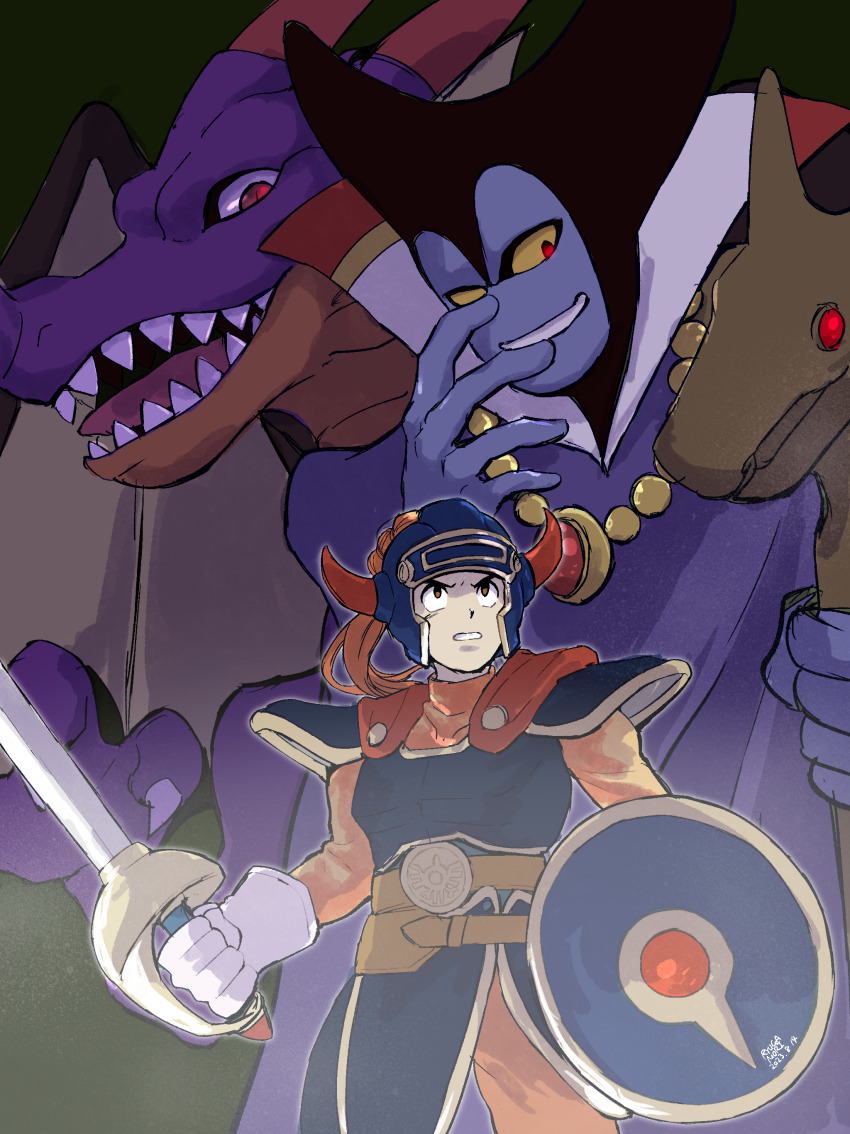 2boys absurdres armor blue_skin bodysuit brown_eyes cape clenched_teeth colored_sclera colored_skin commentary_request dragon dragon_boy dragon_lord dragon_quest dragon_quest_i dual_persona fake_horns gloves glowing glowing_eyes green_background grin helmet hero_(dq1) highres holding holding_shield holding_staff holding_sword holding_weapon horned_helmet horns jewelry looking_to_the_side looking_up male_focus multiple_boys necklace orange_bodysuit partial_commentary purple_robe purple_skin red_cape red_eyes robe ryu_gamori sharp_teeth shield smile staff sword teeth two-sided_cape two-sided_fabric weapon white_cape white_gloves yellow_sclera