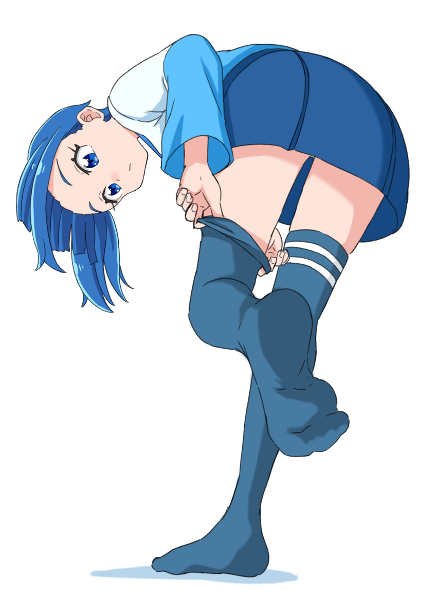 1girl absurdres adjusting_clothes adjusting_legwear blue_hair blue_shirt blue_skirt blue_thighhighs casual dressing from_behind hakuino_hakase highres hirogaru_sky!_precure leaning_forward light_frown long_sleeves medium_hair miniskirt panties pleated_skirt precure shirt simple_background skirt solo sora_harewataru standing standing_on_one_leg t-shirt thighhighs two-tone_shirt underwear white_background white_shirt