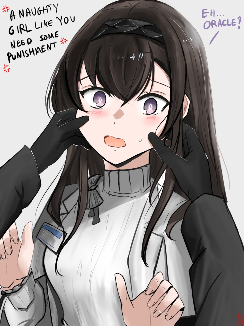 1girl anger_vein arknights black_gloves black_hair black_hairband blush cheek_pinching commentary diamond-shaped_pupils diamond_(shape) english_commentary english_text fingernails gloves grey_background hair_between_eyes hairband hands_up highres kentangbasi98 long_hair long_sleeves meme pinching pov pov_hands priestess_(arknights) purple_eyes simple_background solo_focus surprised sweatdrop sweater symbol-shaped_pupils turtleneck turtleneck_sweater white_sweater