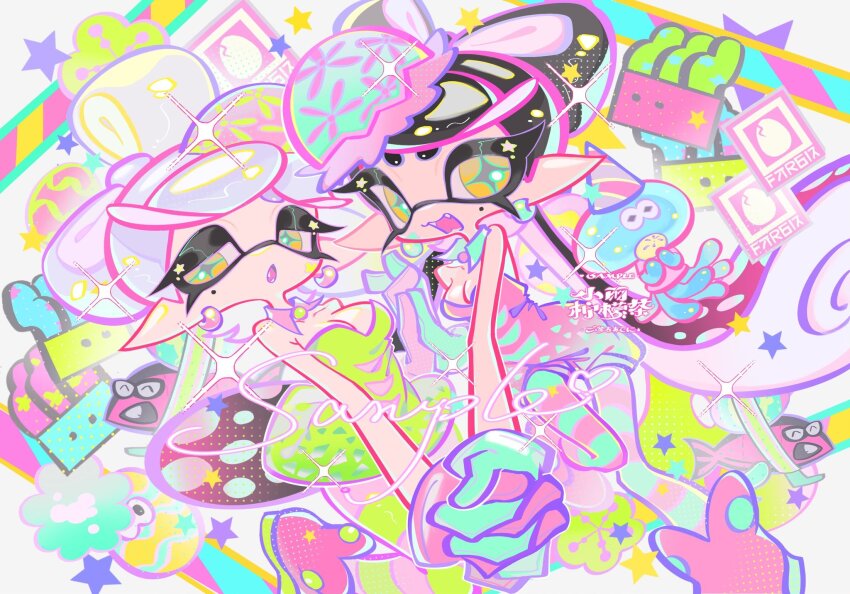 2girls :d :o alternate_breast_size ankle_boots bare_shoulders black_hair blue_collar blue_gloves blue_pantyhose boots bow-shaped_hair breasts callie_(splatoon) callie_(springfest)_(splatoon) cleavage collar collarbone commentary cousins cross-shaped_pupils detached_collar dress earrings eggshell_hat english_commentary fangs gloves gradient_hair green_dress green_pantyhose grey_hair half-closed_eyes highres holding_hands inkling jellyfish_(splatoon) jewelry jumpsuit large_breasts long_hair long_pointy_ears looking_at_viewer marie_(splatoon) marie_(springfest)_(splatoon) medium_hair mole mole_under_eye multicolored_hair multiple_girls nintendo official_alternate_costume open_mouth orange_eyes outstretched_arm pantyhose pink_boots pink_collar pink_gloves pink_hair pink_jumpsuit pink_pantyhose pointy_ears sample_watermark short_jumpsuit smile splatoon_(series) splatoon_3 strapless strapless_dress striped_clothes striped_pantyhose swept_bangs symbol-shaped_pupils tentacle_hair two-tone_pantyhose very_long_hair watermark xiaoyunatie