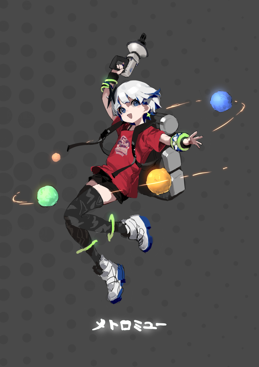 1girl absurdres arm_up backpack bag black_shorts black_thighhighs blue_eyes blue_hair bracelet earrings grey_bag grey_hair gun hair_ornament highres holding holding_gun holding_weapon jewelry multicolored_hair open_mouth orbit original patterned patterned_background patterned_clothing planet red_shirt science_fiction shirt shisantian short_hair shorts single_earring sketch smile solo star_(symbol) star_earrings t-shirt thighhighs translation_request weapon white_footwear