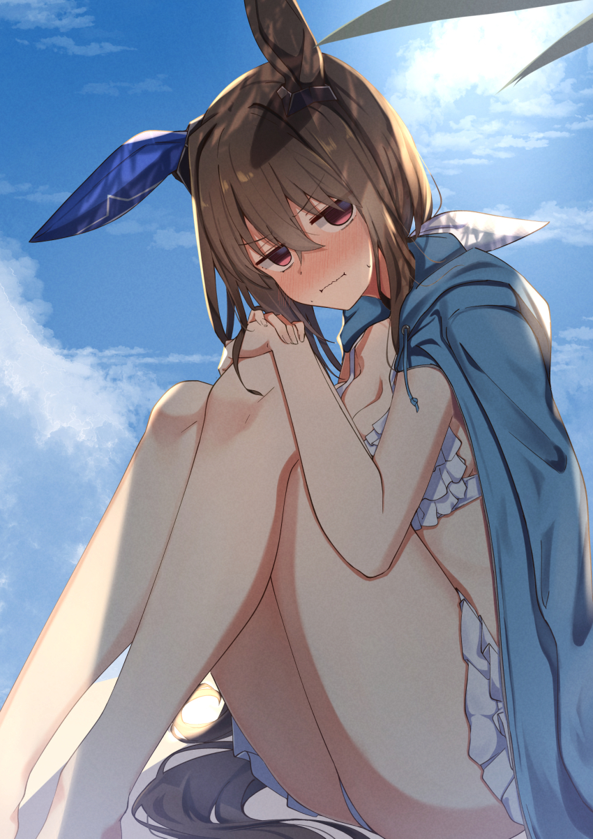 1girl admire_vega_(umamusume) animal_ears barefoot bikini bikini_skirt blue_jacket blue_sky blush breasts brown_eyes brown_hair cleavage cloud collared_jacket crossed_bangs day ear_covers flustered hair_between_eyes hand_on_own_knee highres horse_ears horse_girl jacket jacket_on_shoulders large_breasts long_hair looking_at_viewer on_ground pandoa_(mikage0495) shade sidelocks single_ear_cover sitting sky solo sweatdrop swimsuit thighs umamusume white_bikini
