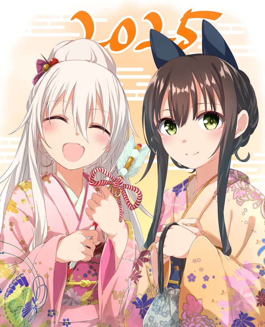 2025 2girls :d ^_^ absurdres alternate_costume alternate_hairstyle arrow_(projectile) bag black_hair blush closed_eyes closed_mouth commentary_request dated facing_viewer fang floral_print floral_print_kimono green_eyes hair_between_eyes hair_bobbles hair_bun hair_ornament hair_stick hands_up happy highres hitachi_mako holding holding_arrow holding_bag japanese_clothes kanzashi kimono long_hair long_sleeves looking_at_viewer multiple_girls nengajou new_year open_mouth orange_background pink_kimono ponytail print_kimono senren_banka sharm_(sharm0819) side-by-side sidelocks simple_background single_hair_bun skin_fang smile split_mouth tomotake_yoshino upper_body white_hair wide_sleeves yellow_kimono