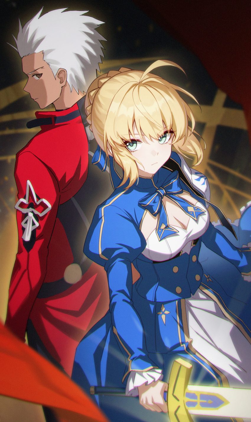 1boy 1girl absurdres archer_(fate) artoria_pendragon_(fate) blonde_hair blue_dress breasts brown_eyes cleavage dark-skinned_male dark_skin dress excalibur_(fate/stay_night) fate/stay_night fate_(series) highres holding holding_sword holding_weapon long_hair long_sleeves ribbon saber_(fate) shali short_hair sword weapon white_hair
