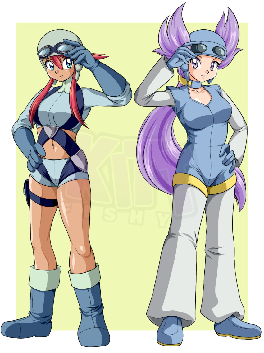 2girls blue_eyes boots breasts crop_top dark-skinned_female dark_skin game_freak gloves goggles helmet highres jumpsuit kittfishy large_breasts long_hair multiple_girls nintendo pants pokemon pokemon_bw pokemon_rse purple_hair red_hair shorts skyla_(pokemon) thigh_strap very_long_hair winona_(pokemon)