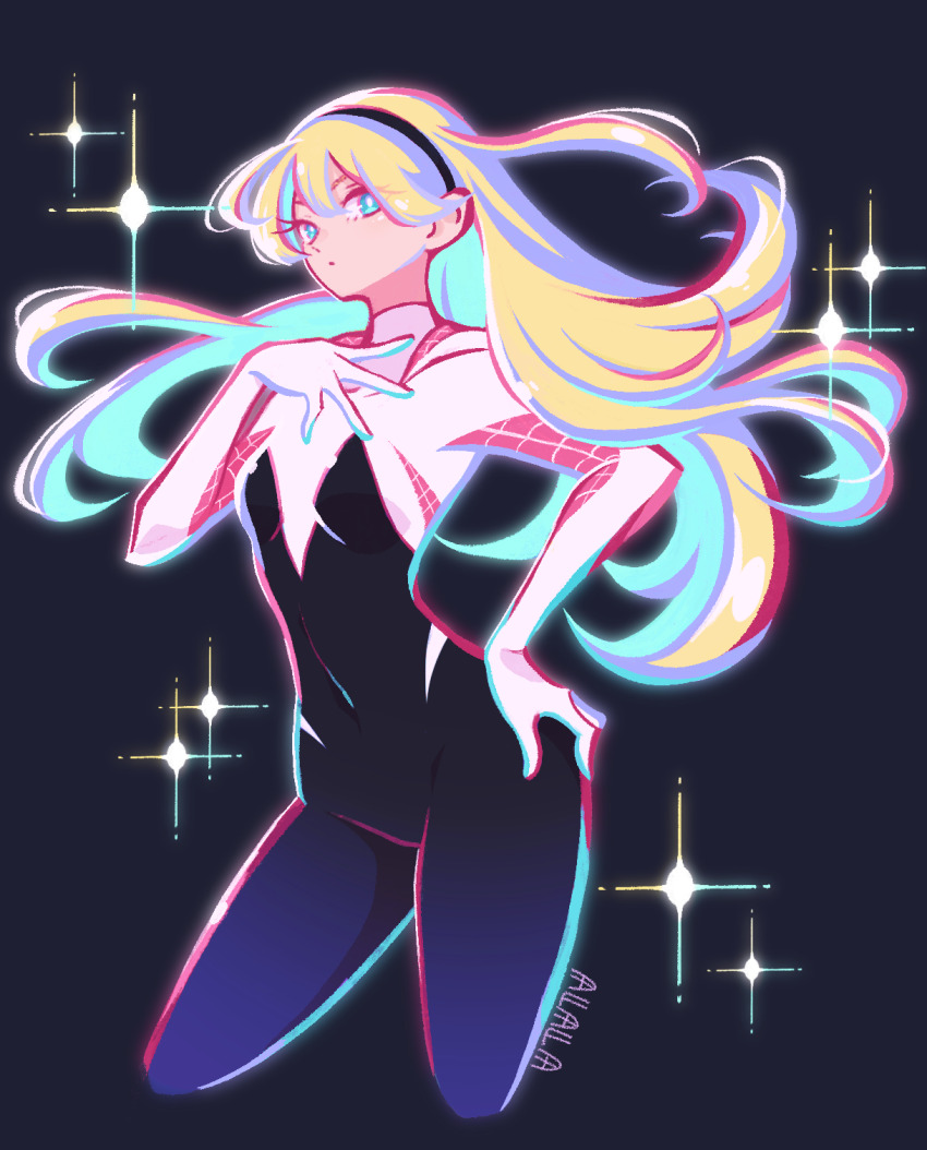 1girl artist_name black_bodysuit black_hairband blonde_hair blue_background blue_eyes blue_hair bodysuit breasts closed_mouth covered_navel gwen_stacy hair_between_eyes hairband hand_on_own_chest hand_on_own_hip hand_up highres hood hooded_bodysuit long_hair looking_at_viewer marvel multicolored_bodysuit multicolored_hair pink_bodysuit pink_hair red_hair simple_background small_breasts solo sparkle spider-gwen spider-man_(series) spider_web_print standing sushi_pizza_rrr white_bodysuit