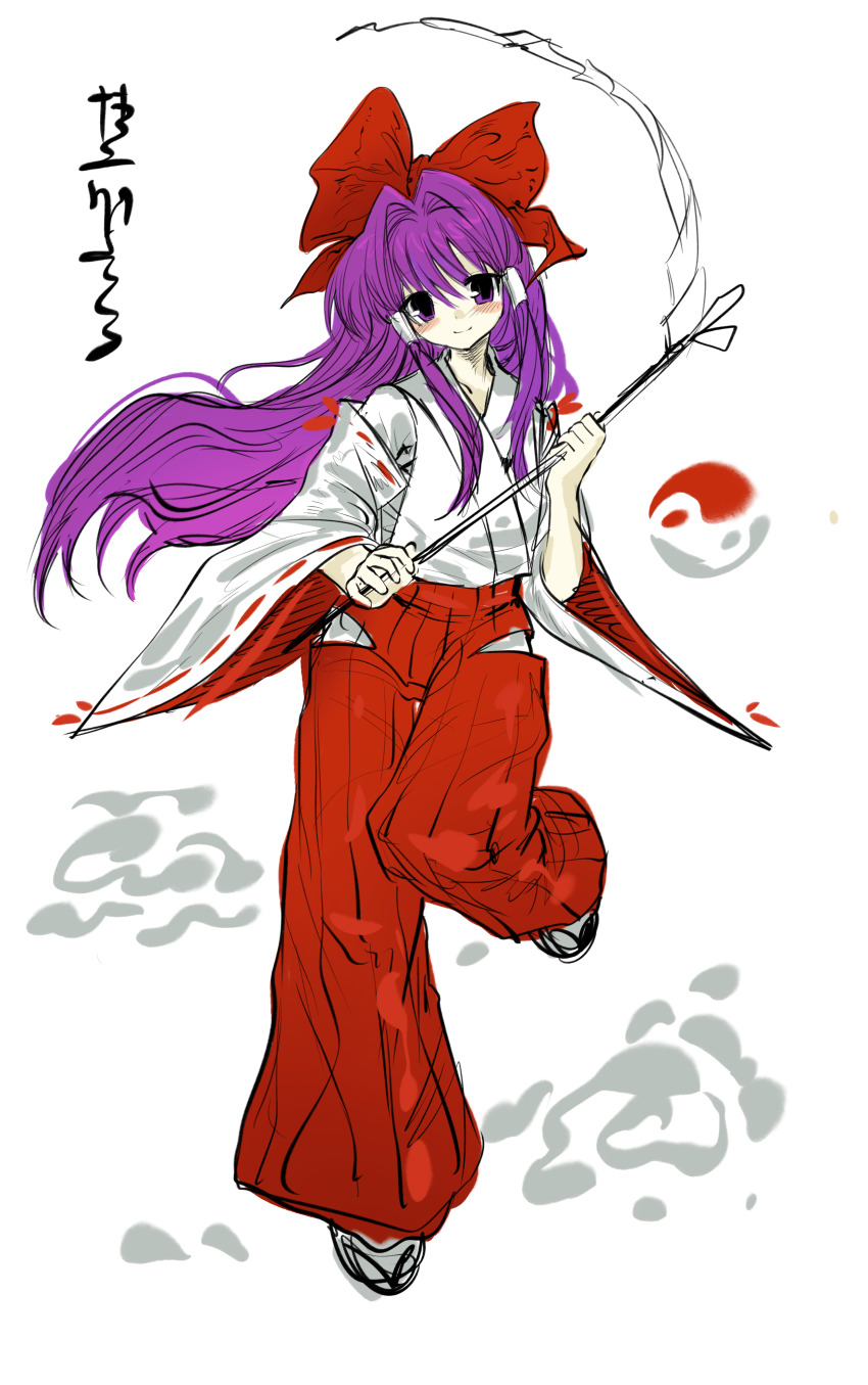 1girl absurdres bingkuaihei black_sandals blush bow closed_mouth detached_sleeves full_body gohei hair_bow hair_intakes hakama hakama_pants hakurei_reimu hakurei_reimu_(pc-98) head_tilt highres holding holding_gohei japanese_clothes kimono leg_up long_hair long_sleeves orb pants purple_eyes purple_hair red_bow red_hakama ribbon-trimmed_sleeves ribbon_trim sandals sidelocks simple_background smile socks solo touhou touhou_(pc-98) very_long_hair white_background white_kimono white_sleeves white_socks wide_sleeves yin_yang yin_yang_orb