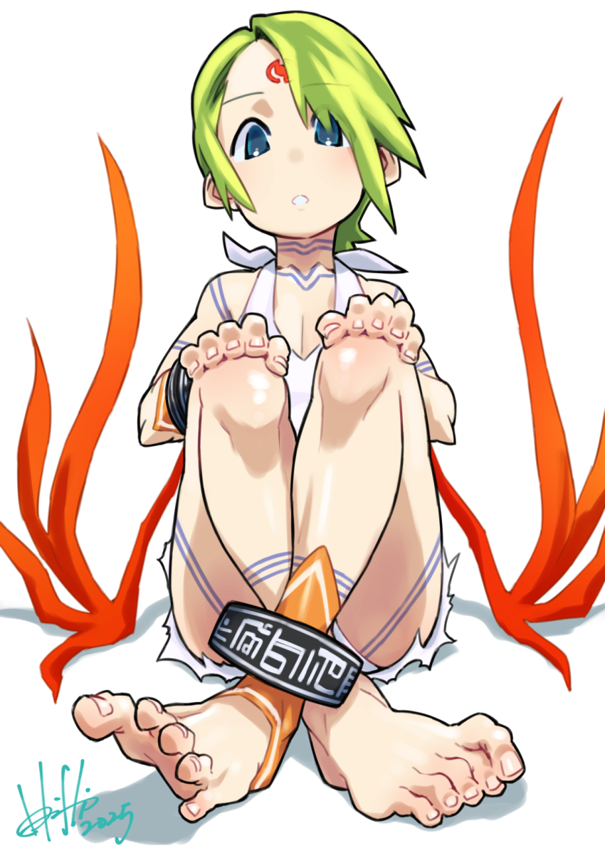 1girl barefoot blue_eyes bracelet breath_of_fire breath_of_fire_v dress facial_mark full-body_tattoo full_body green_hair highres hori_shin jewelry looking_at_viewer nina_(breath_of_fire_v) panties panty_peek red_wings short_hair signature simple_background skirt solo tattoo underwear upskirt white_background white_dress white_panties wings