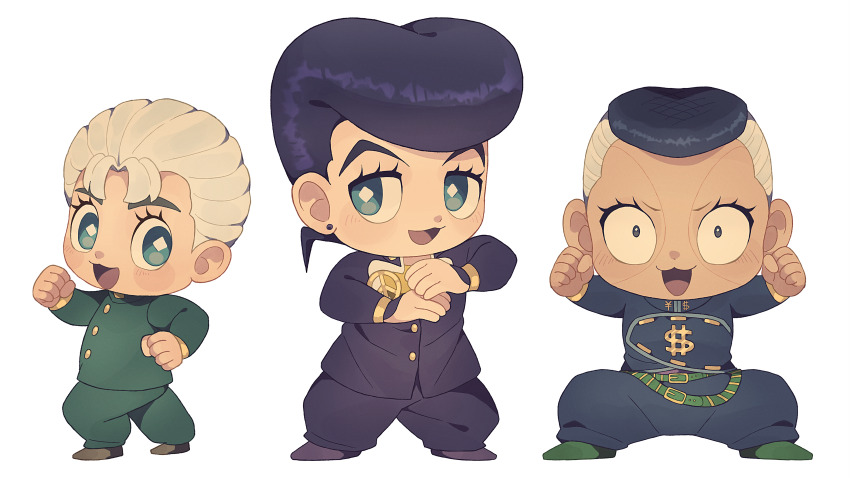 3boys :3 absurdres black_hair blonde_hair blue_eyes chibi diamond_wa_kudakenai dollar_sign facial_mark gakuran grey_hair higashikata_josuke highres hirose_koichi jitome jojo_no_kimyou_na_bouken male_focus multicolored_hair multiple_boys nijimura_okuyasu peace_symbol pompadour school_uniform siniy two-tone_hair yen_sign